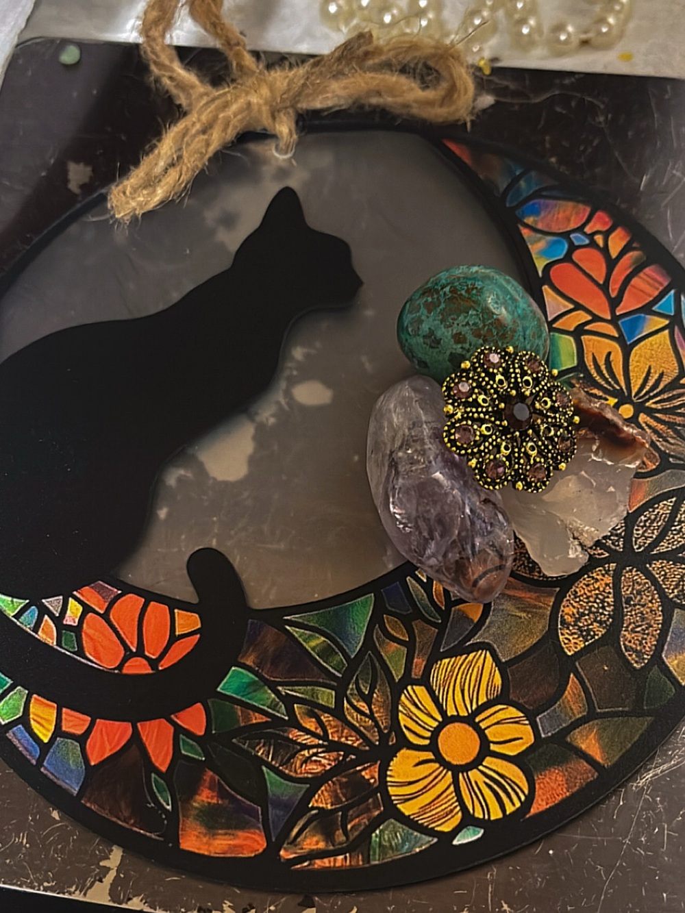 Stained Glass Outdoor Decor | Halloween Decor | Black Cat | Fall | Gemstones